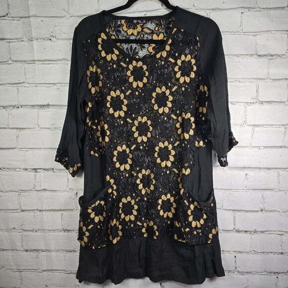 WOMENS LILY BY FIRMIANA BLACK LACE SHEER DRESS GOLD FLOWERS BELL SLEEVE XL - Picture 1 of 7